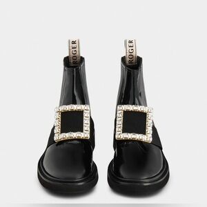 Roger Vivier Viv' Rangers Strass Buckle Chelsea Booties in Patent Leather size9